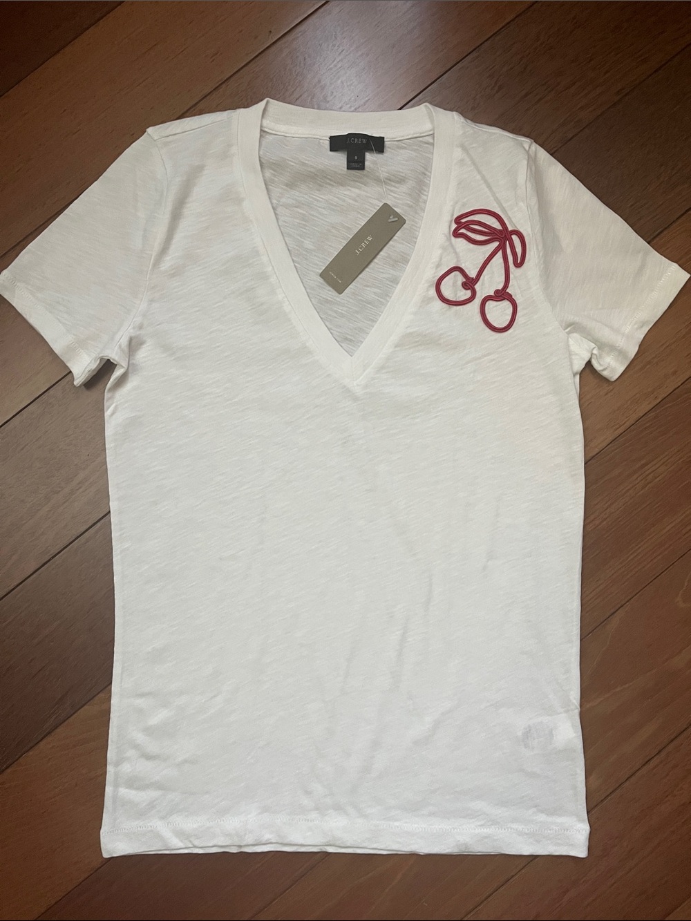 NWT J. Crew Cherry Embellished V Neck Tee